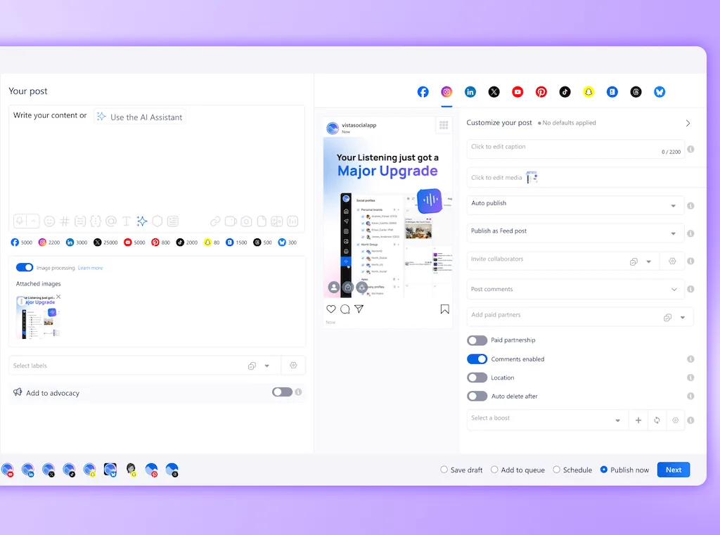 The post publisher composer view in Vista Social shows draft content inputs, media previews, and platform customization toggles.