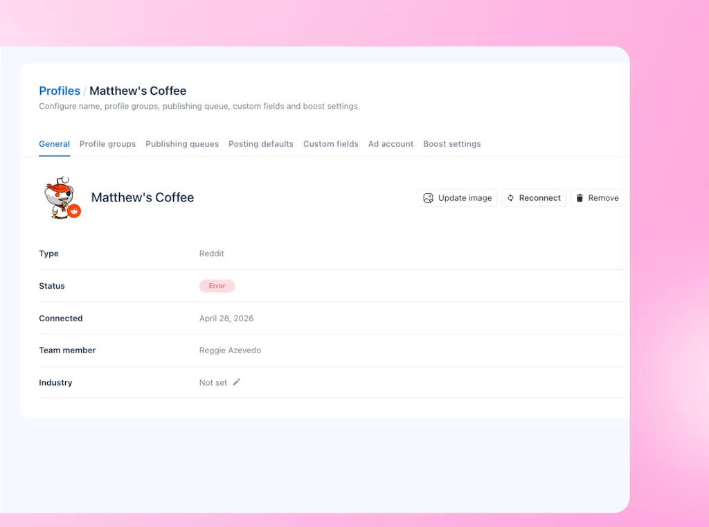 The Profiles configuration page for Matthew's Coffee showing a Reddit profile connection in an error status state.