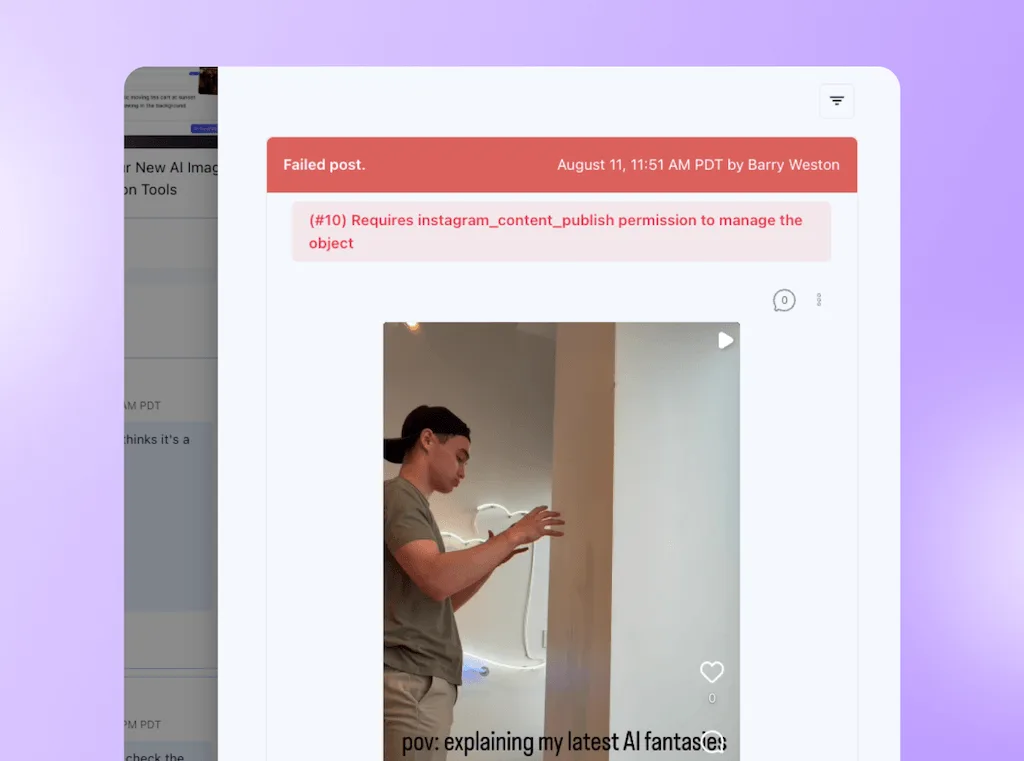 A publishing failure log notification detailing an Instagram API permission error (#10) for a video post.