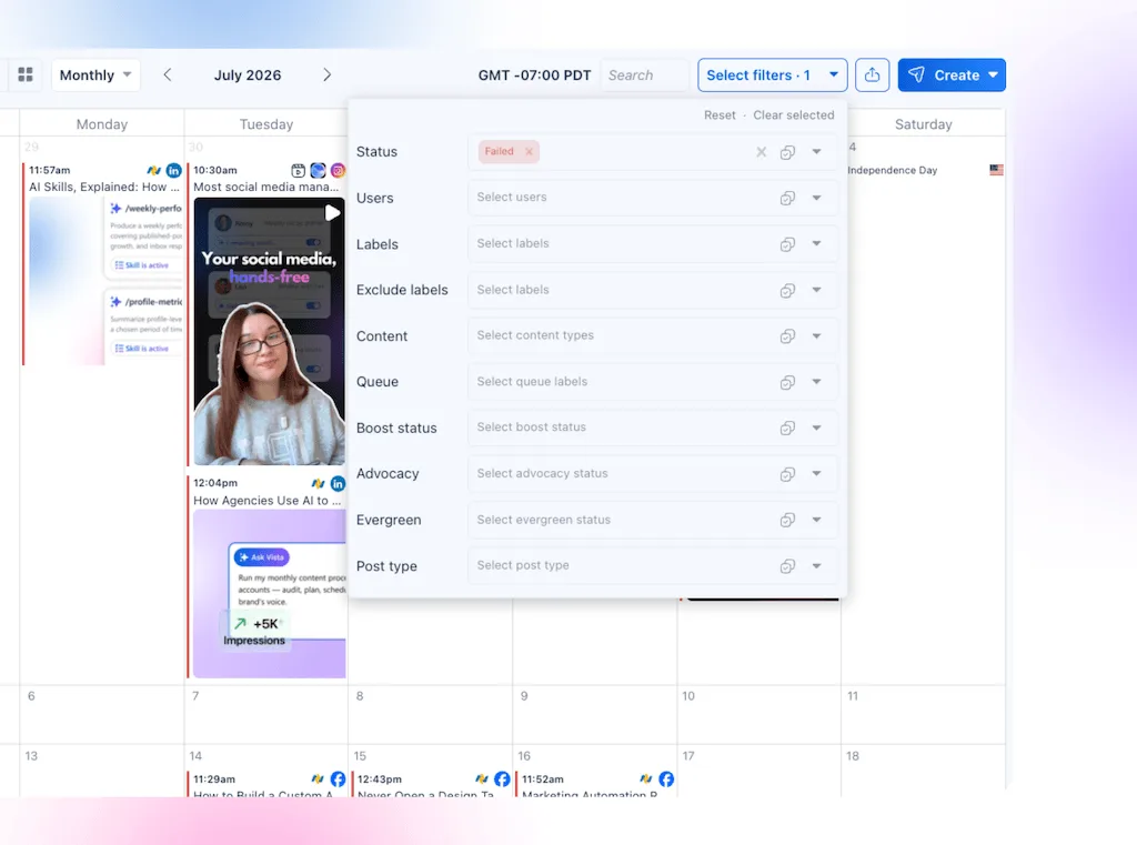 The monthly content calendar view in Vista Social with a filter applied specifically for failed status posts.