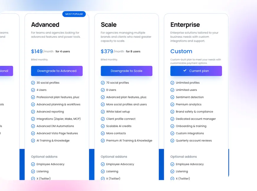 The Vista Social pricing matrix focusing on Advanced, Scale, and Enterprise plan features and integrations.