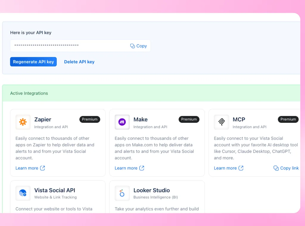 The API Key and Integrations management dashboard featuring active connections for Zapier, Make, and MCP.