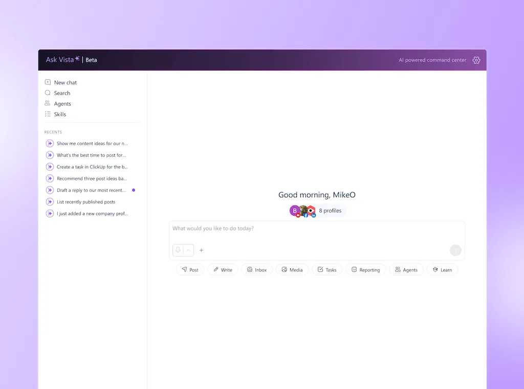 The Ask Vista AI command center homepage featuring quick action buttons and a prompt entry box.