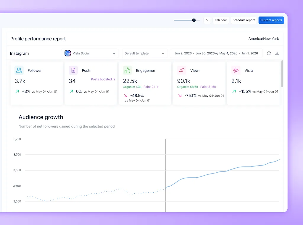An analytics dashboard for an Instagram profile showing key metric cards alongside an audience growth line graph.
