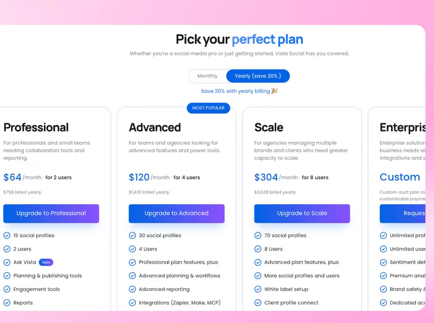 The Vista Social pricing page displaying tiered subscription options including Professional, Advanced, Scale, and Enterprise plans.