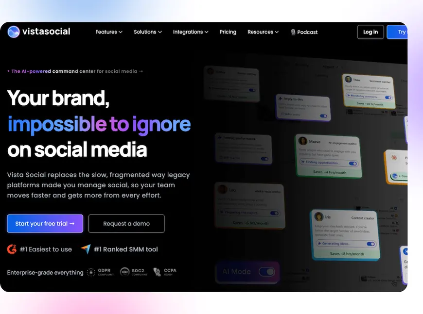 The landing page hero section for Vista Social featuring main product positioning copy and call-to-action buttons.