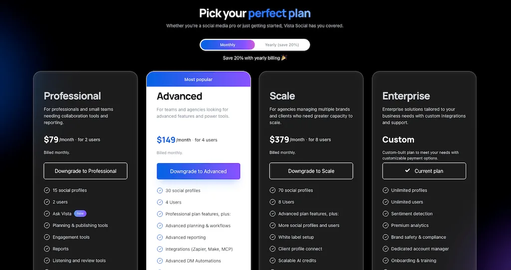 The dark mode pricing table page for Vista Social displaying Professional, Advanced, Scale, and Enterprise plans.