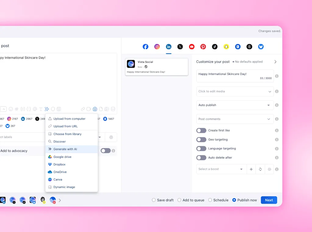 The post composer UI in Vista Social displaying media upload integration options like AI Generation, Google Drive, and Canva.