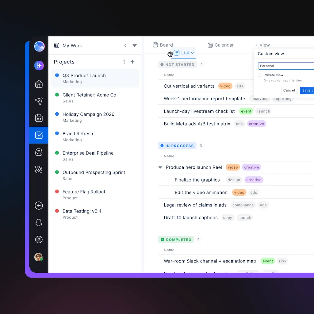 The project workspace sidebar in Vista Work displays active marketing and sales project lists alongside task lists.