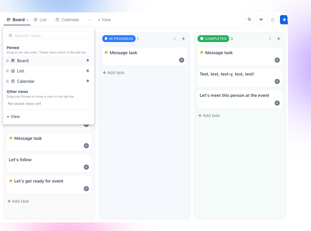 A Kanban board view in Vista Work organizes project tasks into In Progress and Completed status columns.