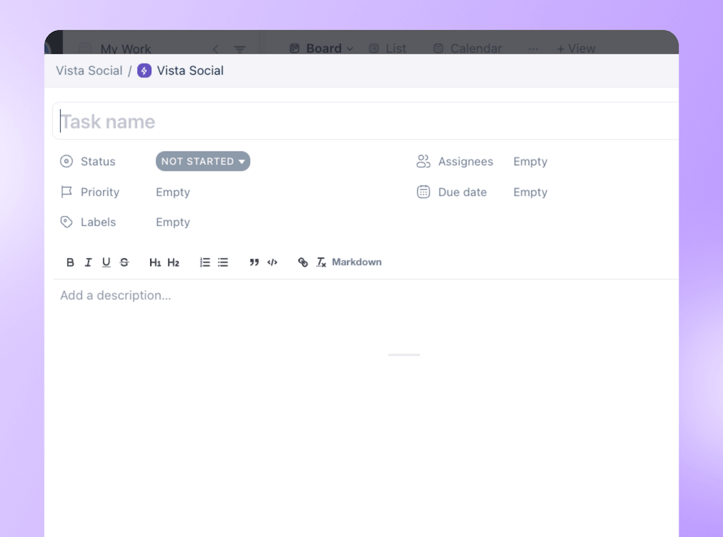 An empty task creation form in Vista Work featuring input fields for task title, status, assignee, priority, and labels.
