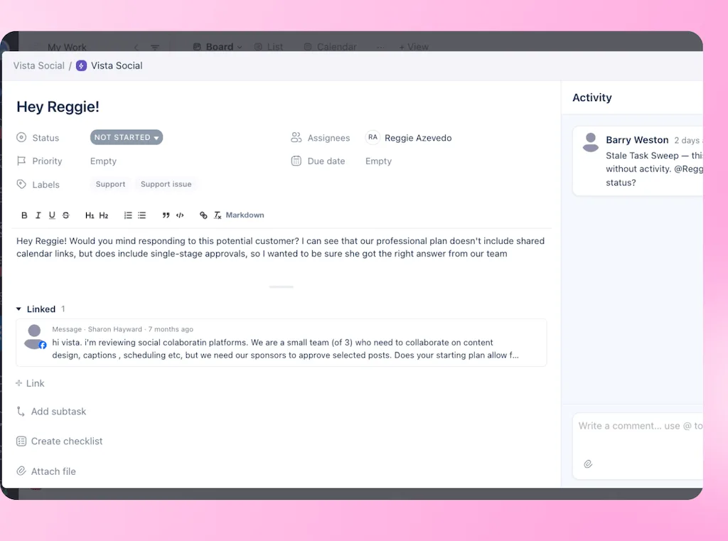 A detailed task management card in Vista Work displaying assignee fields, description text, and a linked customer message.