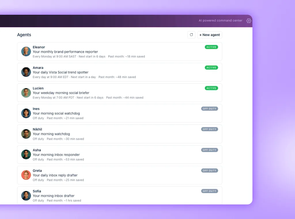The Agents overview dashboard within Ask Vista sorting continuous status cards into active and off-duty lists.