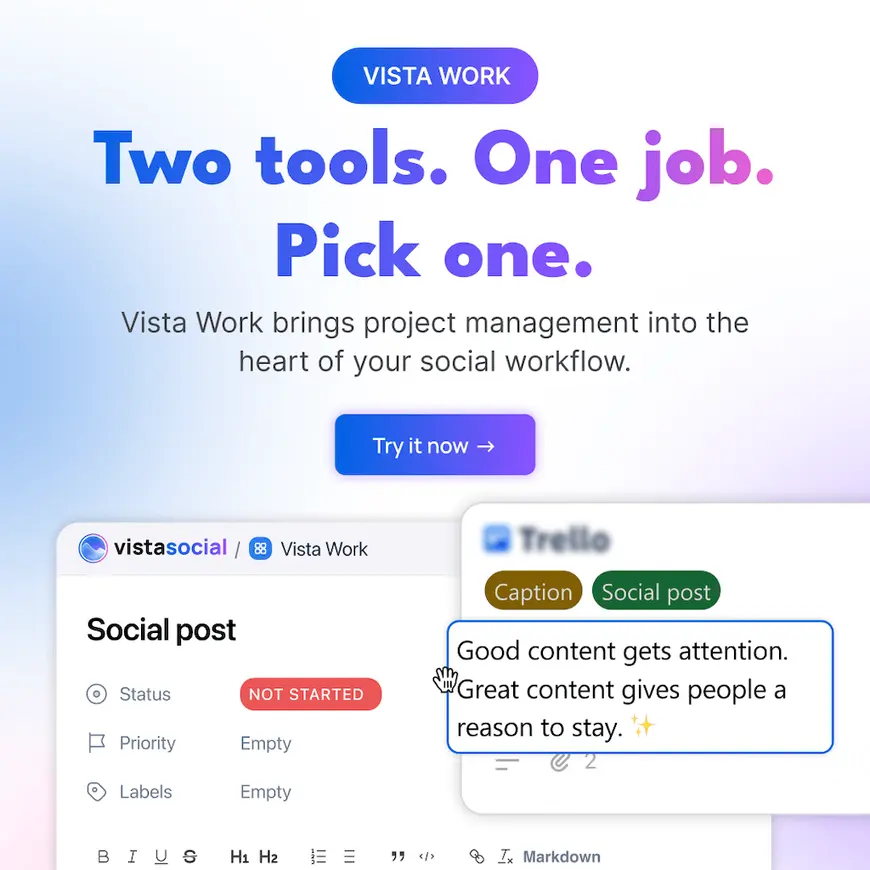 A feature highlight graphic for Vista Work showcasing integrated project task management alongside comparative Trello workflow cards.