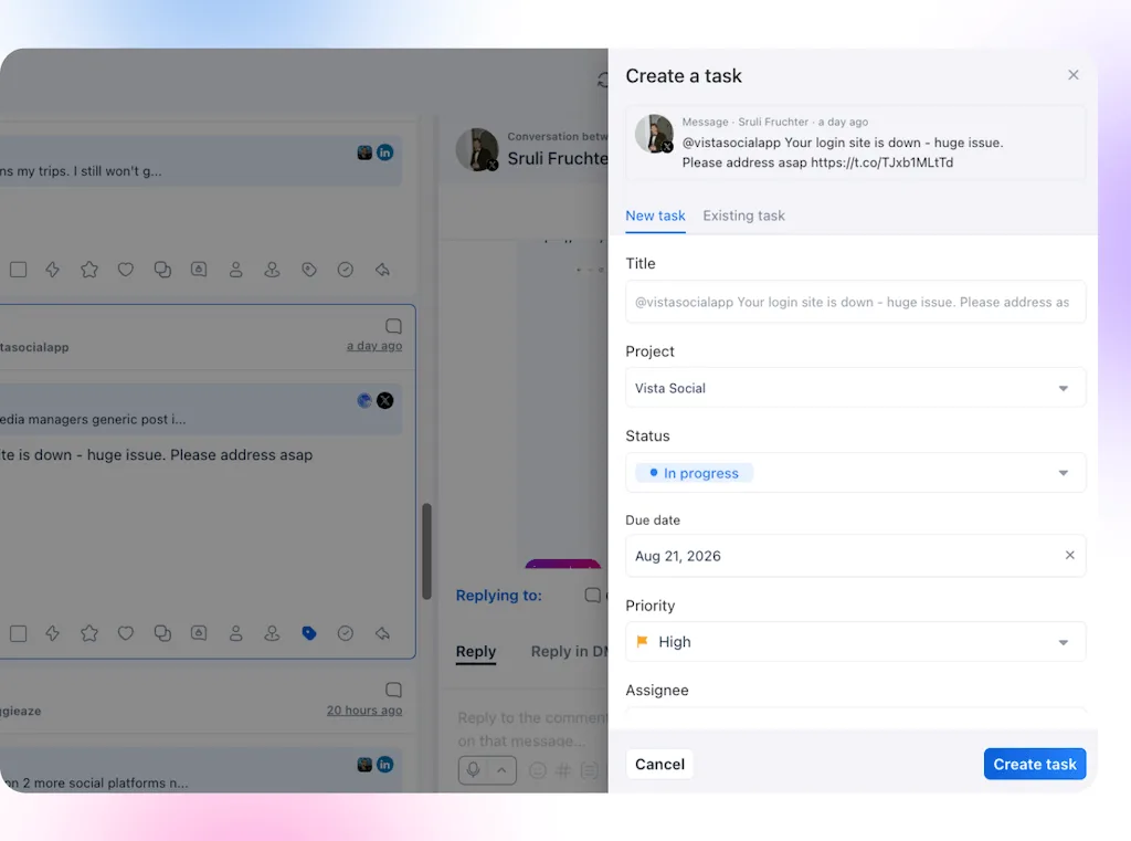 A task creation dialog overlay in Vista Work converts an incoming user social message into an actionable issue task.