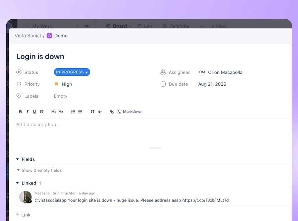 A detailed task view in Vista Work showing an active high-priority login issue linked to an incoming user comment.