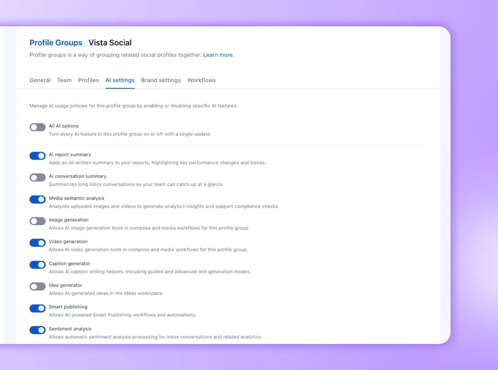 The AI Settings management tab demonstrates a custom configuration with selective AI feature toggles enabled and disabled.