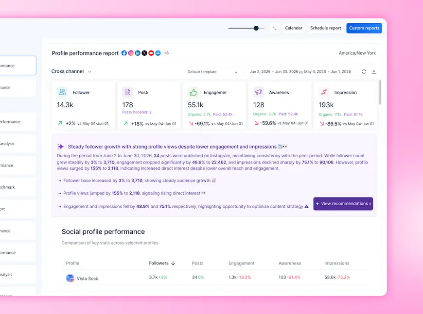 The Profile Performance Report dashboard in Vista Social showing cross-channel audience growth and engagement analytics.