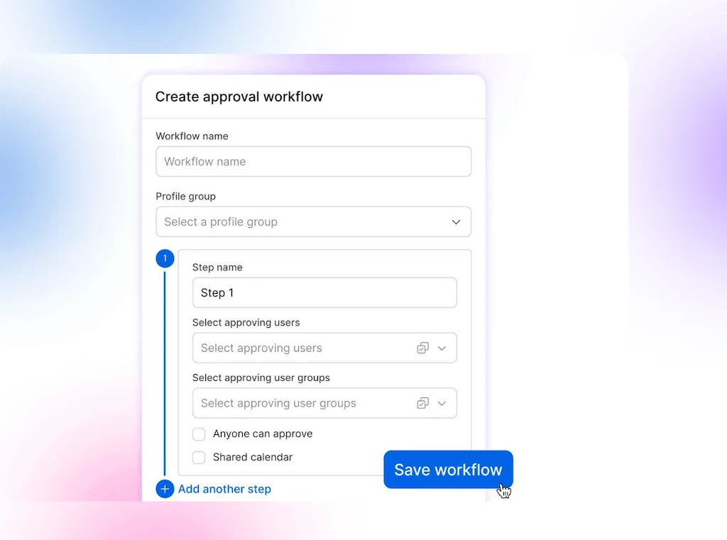 The "Create approval workflow" setup window displaying multi-step approval assignment options and a save workflow button.