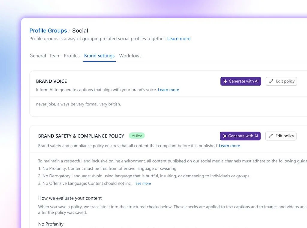 The Brand Settings tab under Profile Groups displaying active brand voice rules alongside safety compliance policies.