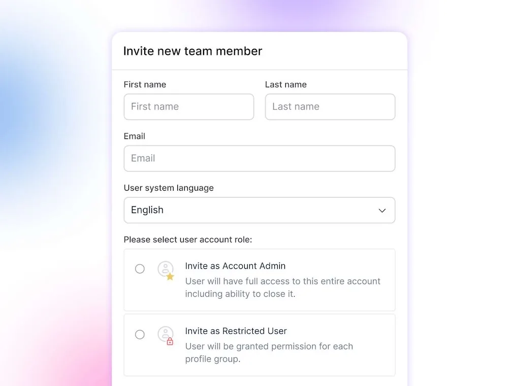 The "Invite new team member" configuration dialog detailing user details and role permission options.