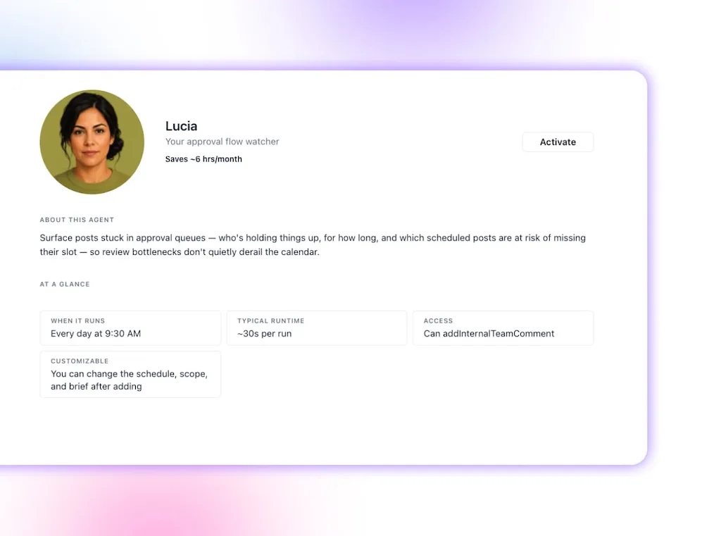 The agent profile details page for Lucia, an approval flow watcher designed to flag pending posts stuck in queue.