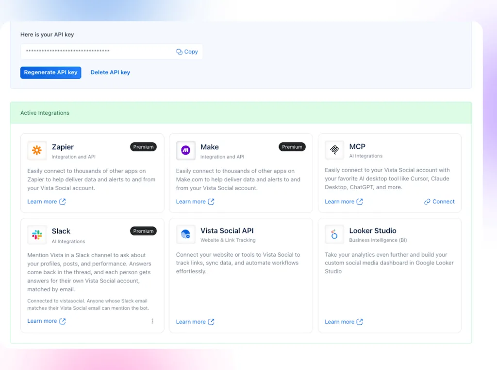 The Active Integrations settings page in Vista Social displaying the Slack integration card alongside Zapier, Make, and Looker Studio.