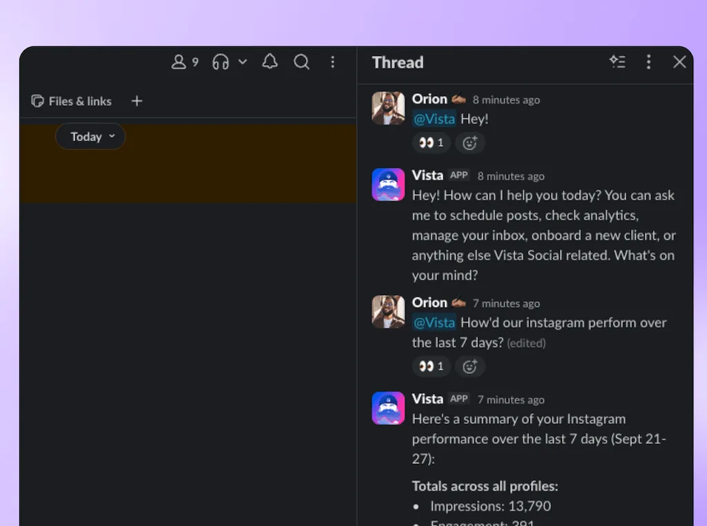 A Slack thread conversation where a user asks Ask Vista for a 7-day Instagram performance summary.