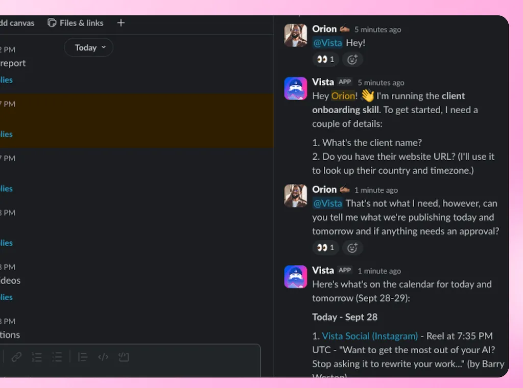 A Slack message thread showing Ask Vista retrieving scheduled post calendar items for upcoming days.