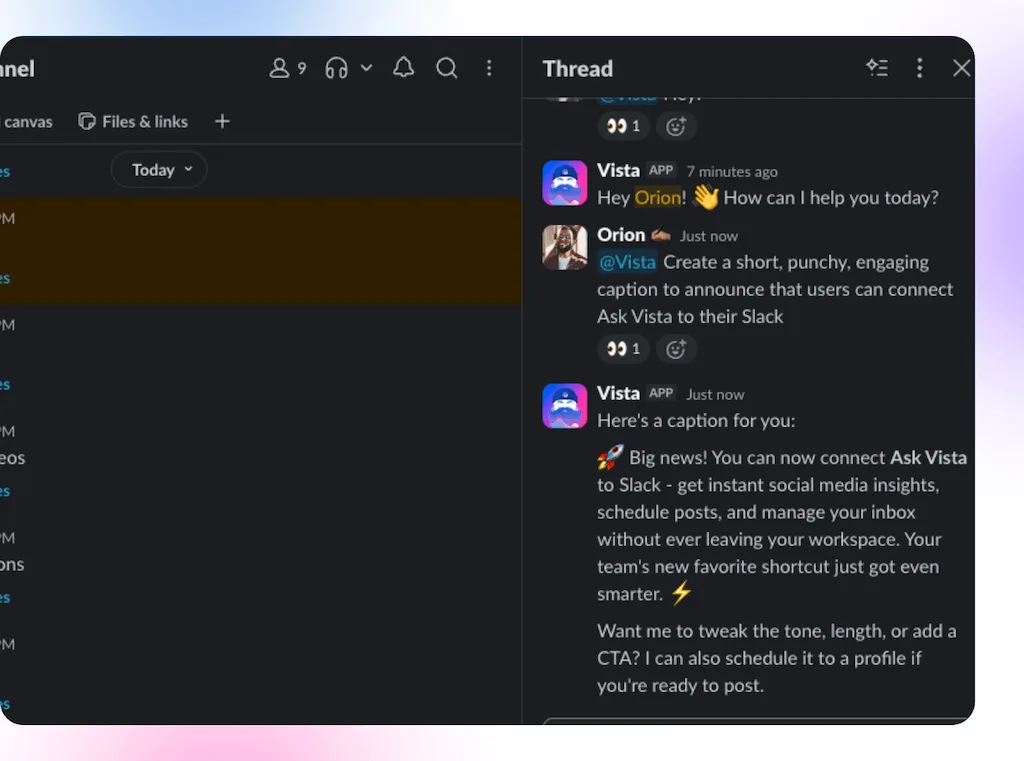 A Slack thread where Ask Vista generates post caption copy announcing the Slack integration.
