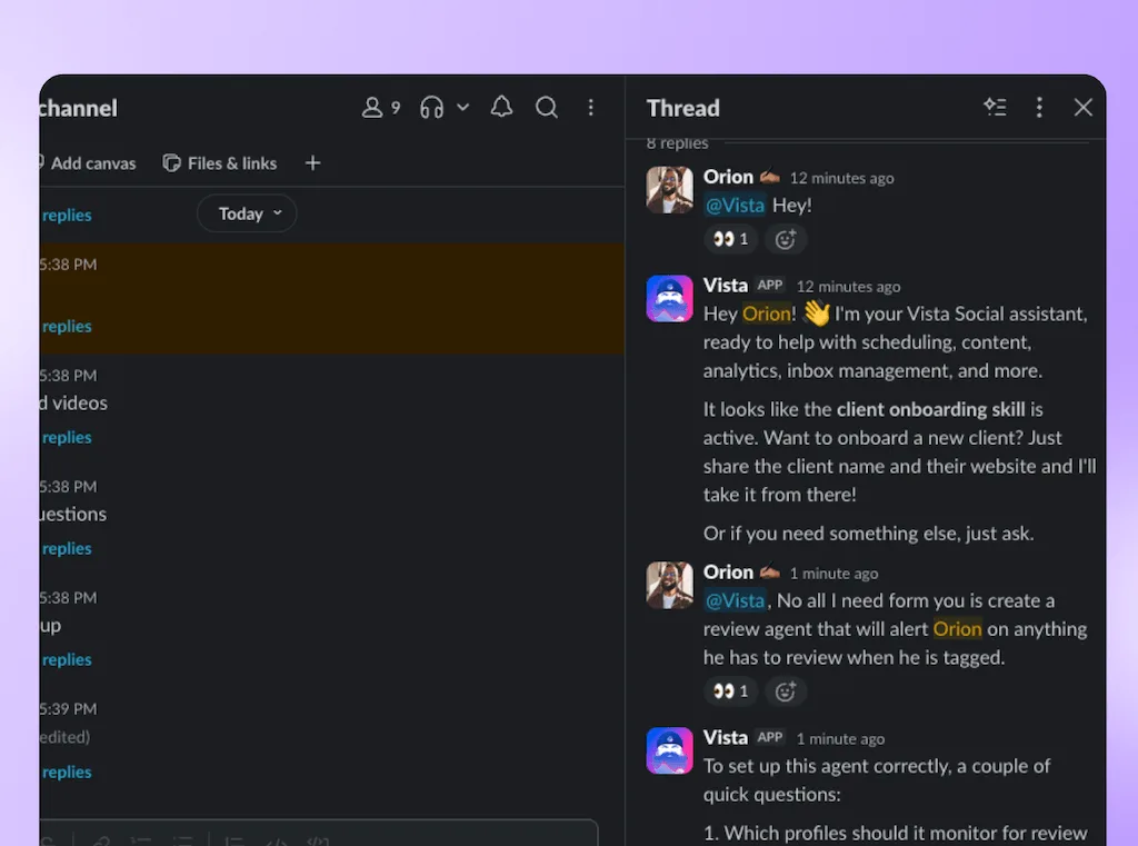 A Slack conversation thread where a user instructs Ask Vista to configure a new review agent.