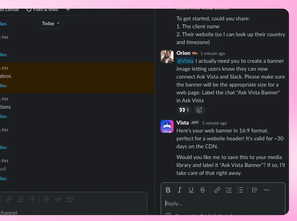 A Slack chat thread where Ask Vista generates a web banner image asset based on a user request.