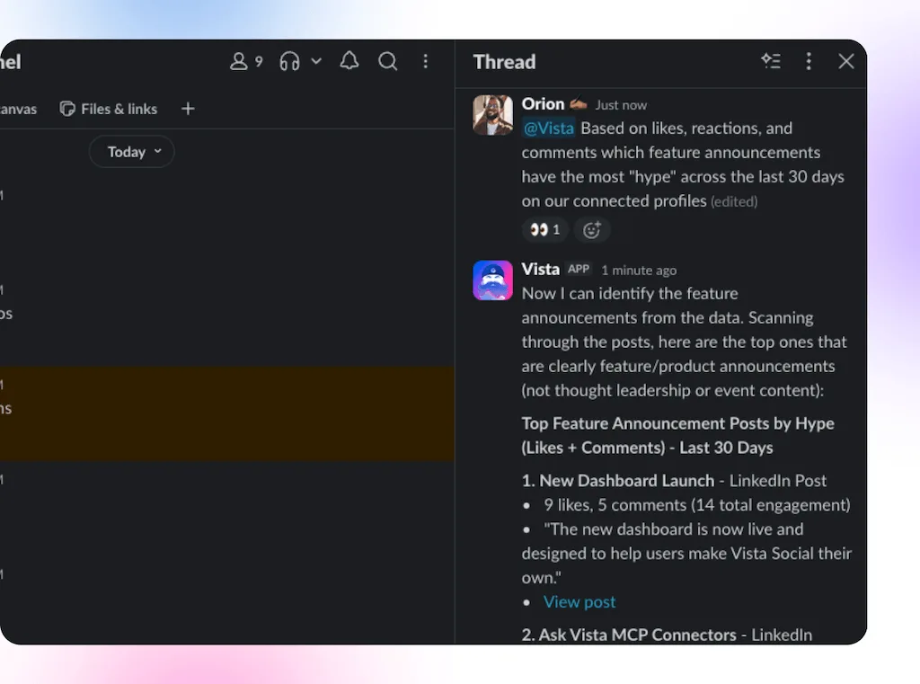 A Slack thread showing Ask Vista analyzing and ranking feature announcement posts by user engagement and hype metrics.