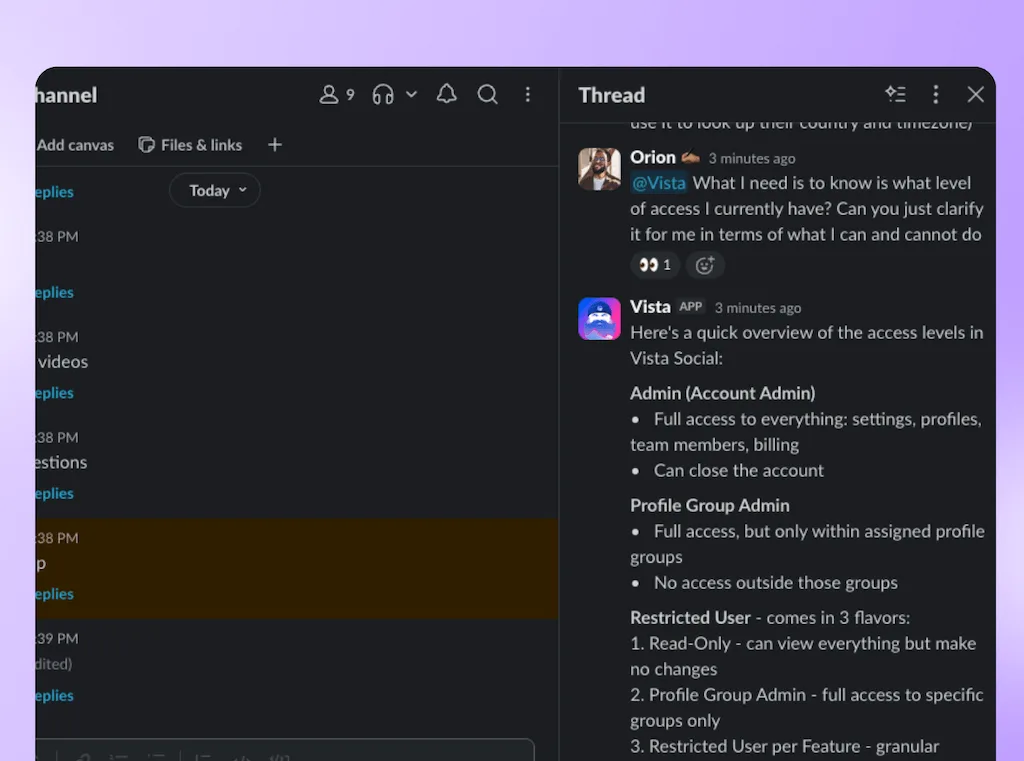 A Slack conversation thread where Ask Vista outlines account access levels and user permission roles in Vista Social.