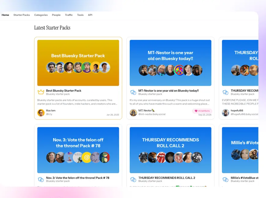A directory overview page displaying a collection of featured Bluesky Starter Packs across topics and communities.