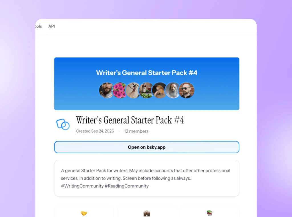 A detail view page for "Writer's General Starter Pack #4" on Bluesky featuring member profile avatars and account description notes.