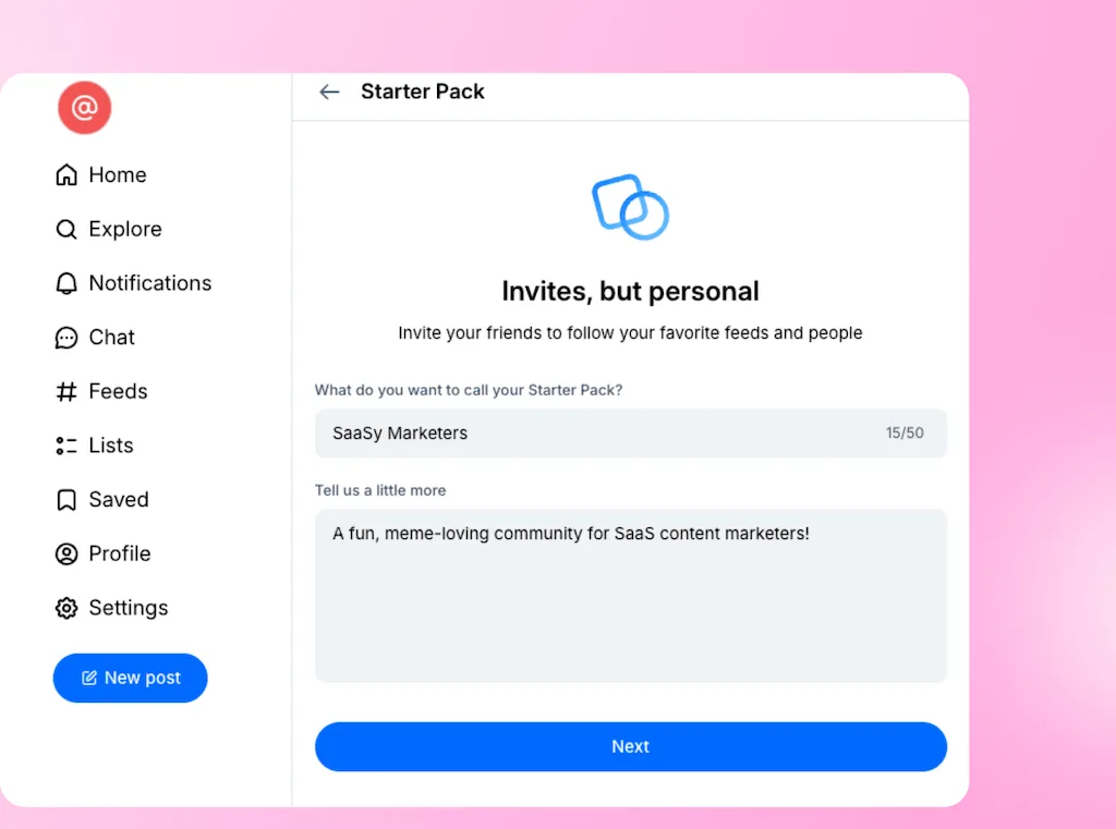 The Starter Pack creation window in the Bluesky app interface with input fields for pack name and community description.