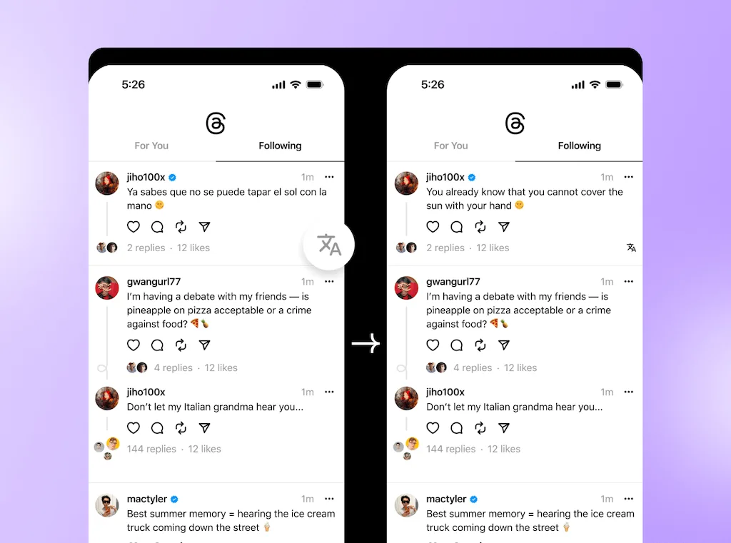 A side-by-side comparison of the Threads mobile UI demonstrating the translation feature on post comments.