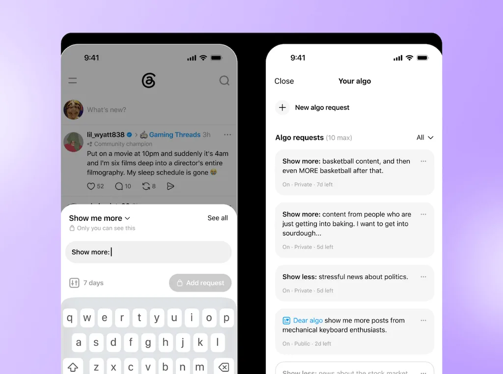 The Threads mobile app interface demonstrating the "Show me more" custom algorithm request controls.