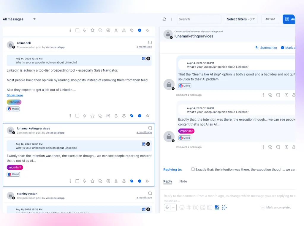 The unified inbox view in Vista Social displaying post comments and conversation threads from connected social profiles.