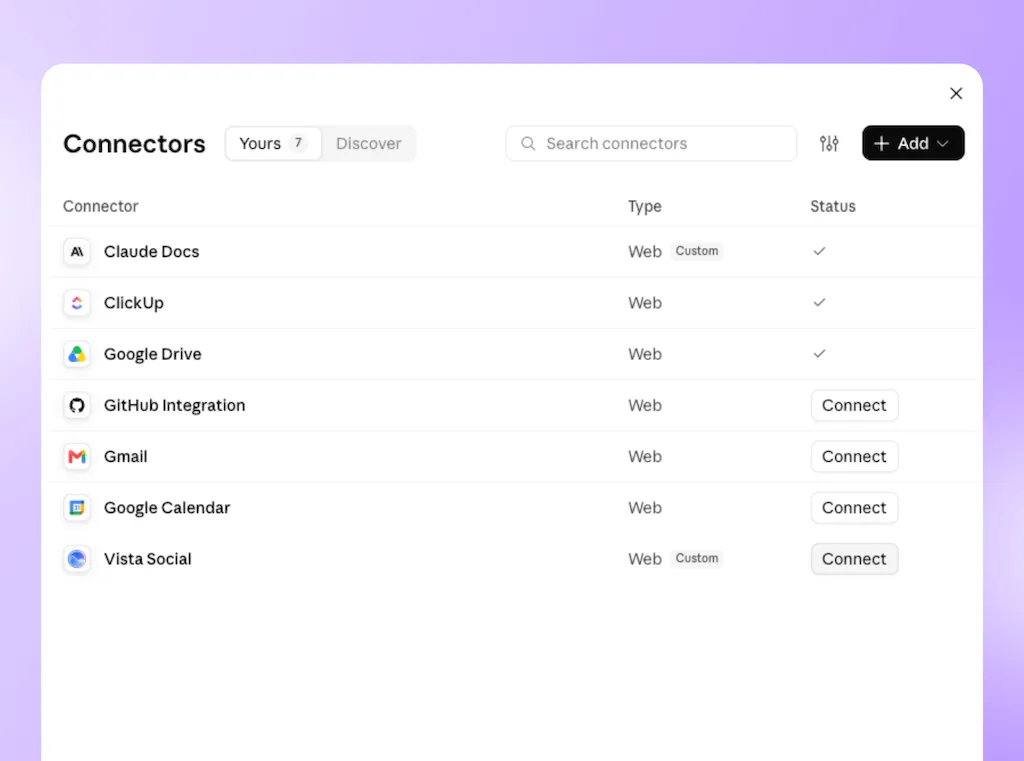 The Connectors modal window in Claude listing available integrations, including Vista Social, with connection action buttons.
