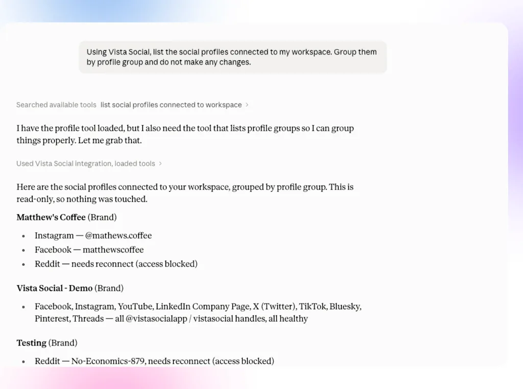 A Claude chat session executing a Vista Social tool call to retrieve and group connected social media profiles by brand.