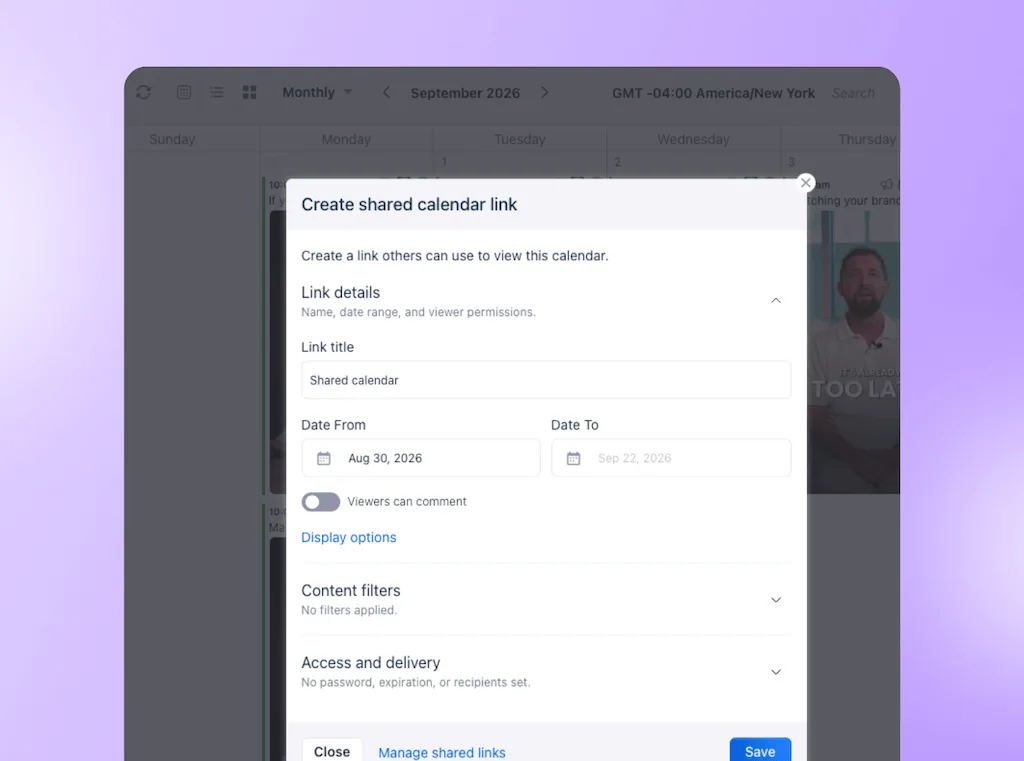 The "Create shared calendar link" setup dialog in Vista Social configured to share post calendar views with external stakeholders.