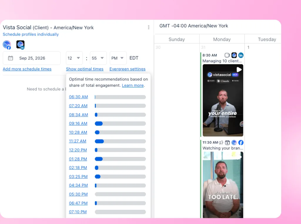 The scheduling drawer in Vista Social displaying recommended optimal post times alongside a weekly calendar view.