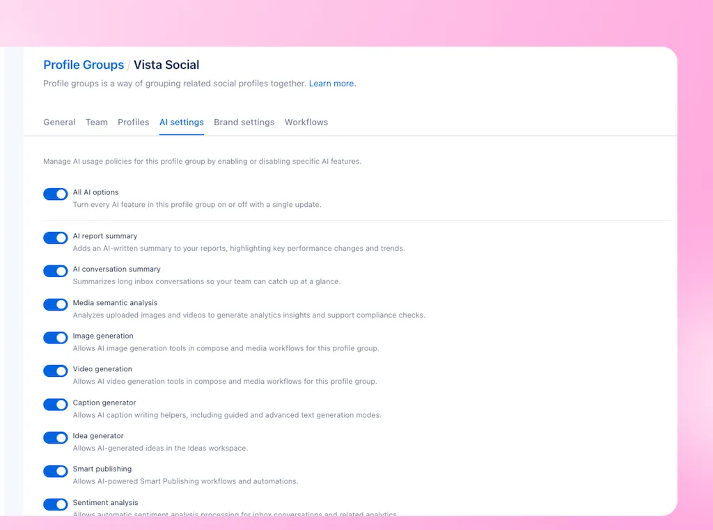 The Profile Groups AI settings panel in Vista Social displaying toggle controls for AI features like summaries, generation, and sentiment analysis.