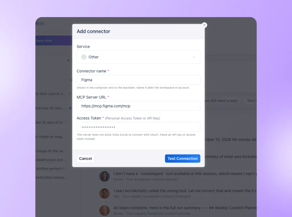 The "Add connector" configuration pop-up window in Ask Vista setup to connect a Figma MCP server URL and Access Token.