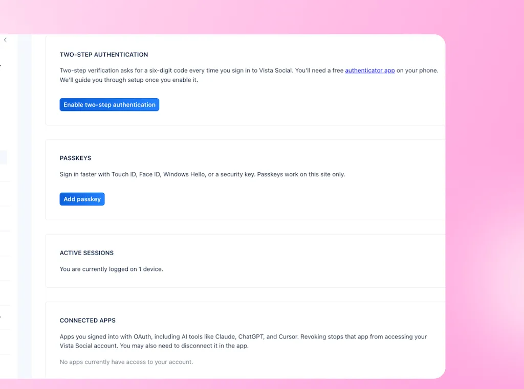 The Security and Authentication settings page displaying options for Two-Step Authentication, Passkeys, Active Sessions, and Connected Apps.