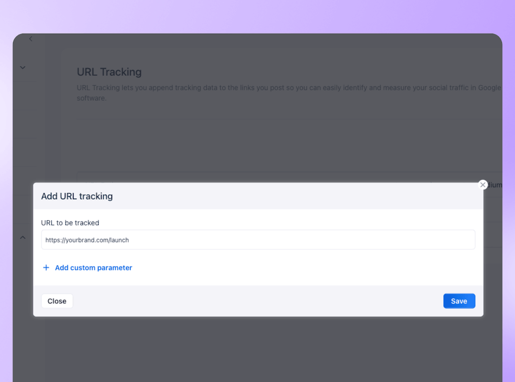 The "Add URL tracking" pop-up modal window in Vista Social displaying a website URL input field and custom parameter setup button.