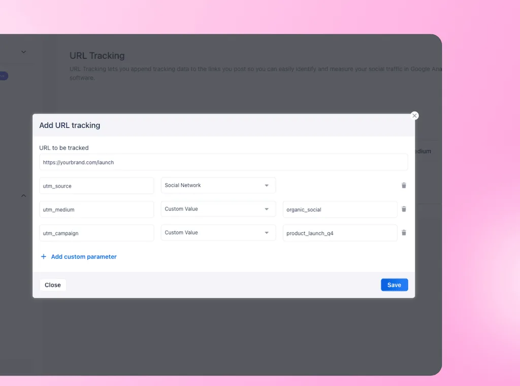 The "Add URL tracking" configuration window in Vista Social with custom fields assigned for utm_source, utm_medium, and utm_campaign values.