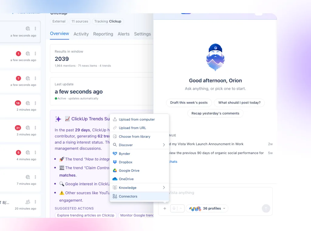 The Ask Vista chat assistant drawer interface displaying file attachment and connector upload menu options.